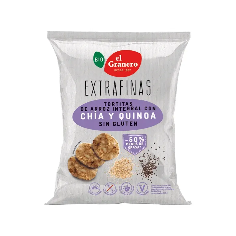 EXTRAFINAS TORTITAS DE ARROZ INTEGRAL, CHÍA Y QUINOA SIN GLUTEN BIO, 60 g