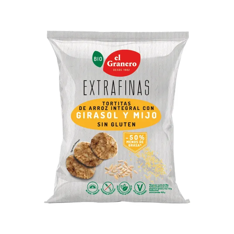 EXTRAFINAS TORTITAS DE ARROZ INTEGRAL CON GIRASOL Y MIJO SIN GLUTEN BIO, 60 g