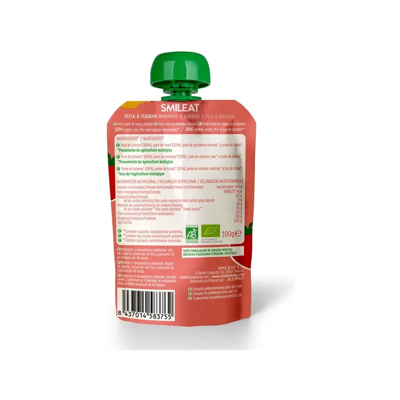 POUCH DE FRESA Y PLATANO 100GR ECO Disponible en caja de 10 unds.