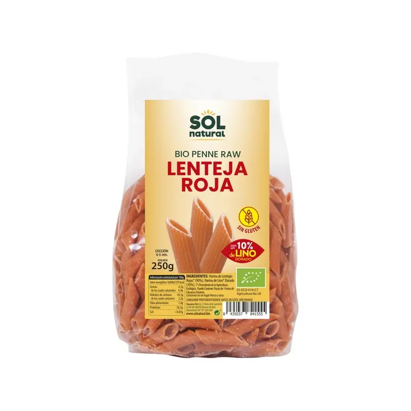 PENNE LENTEJA ROJA CON LINO SIN GLUTEN BIO 250 g