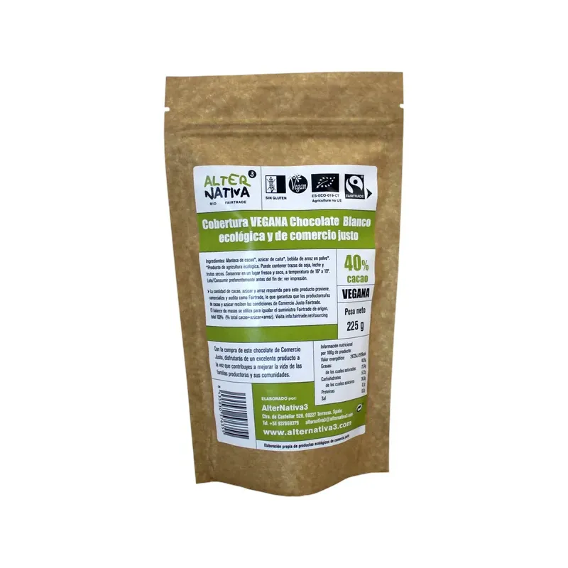 COBERTURA VEGANA CHOCOLATE BLANCO 40% BIO-FT 225G