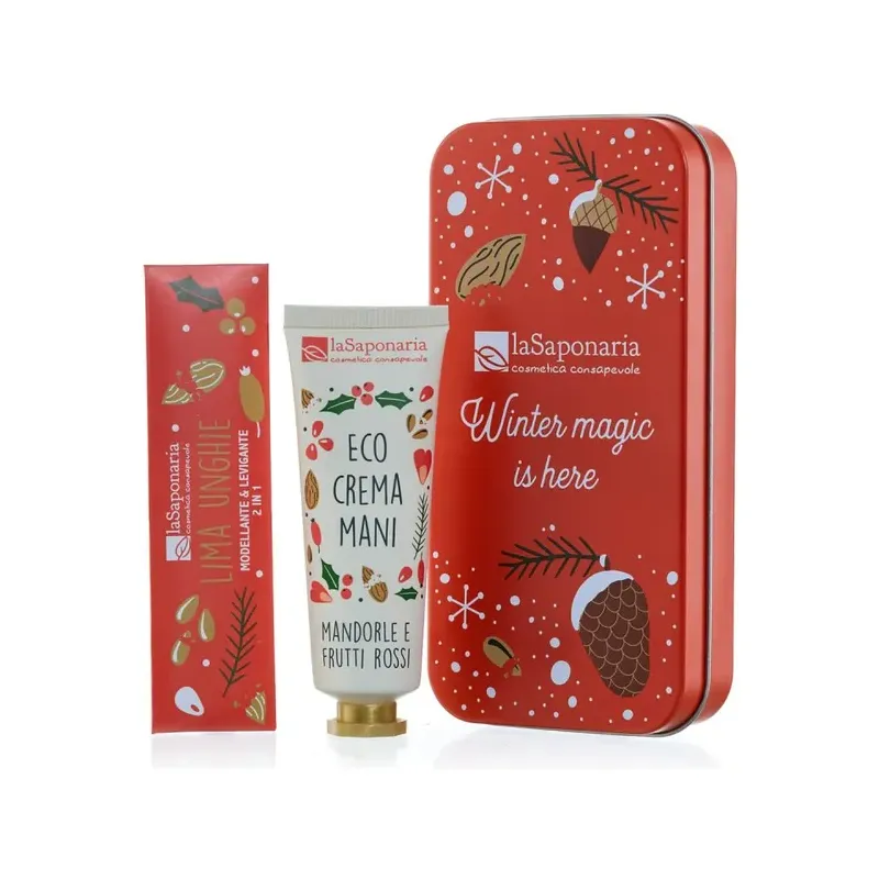 COFRE DEL TESORO - ALMENDRAS Y BAYAS ROJAS CREMA DE MANOS + LIMA DE UÑAS PARTY NEW!