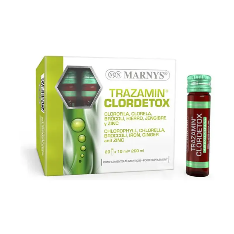 TRAZAMIN CLORDETOX Clorofila + Clorela + Brócoli + Gluconato de Hierro + Jenjibre + Zinc. 20 viales x 11ml