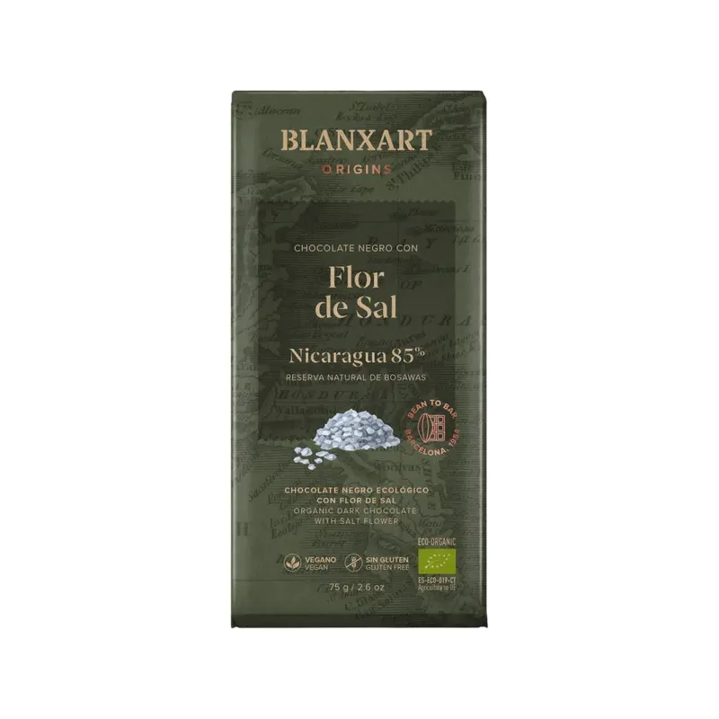 CHOCOLATE NEGRO ECOLÓGICO 85% CACAO NICARAGUA CON FLOR DE SAL 75G