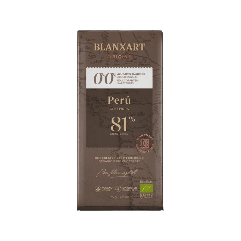 CHOCOLATE NEGRO 81% CACAO PERÚ SIN AZÚCAR NI EDULCORANTES 75G
