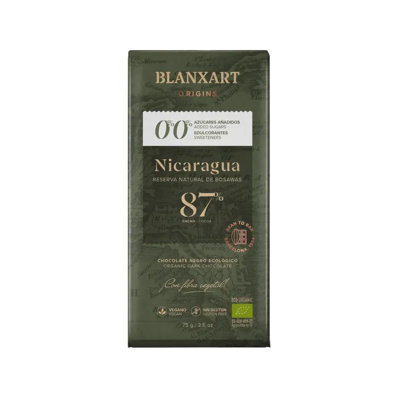 CHOCOLATE NEGRO 87% CACAO NICARAGUA SIN AZÚCAR NI EDULCORANTES 75G