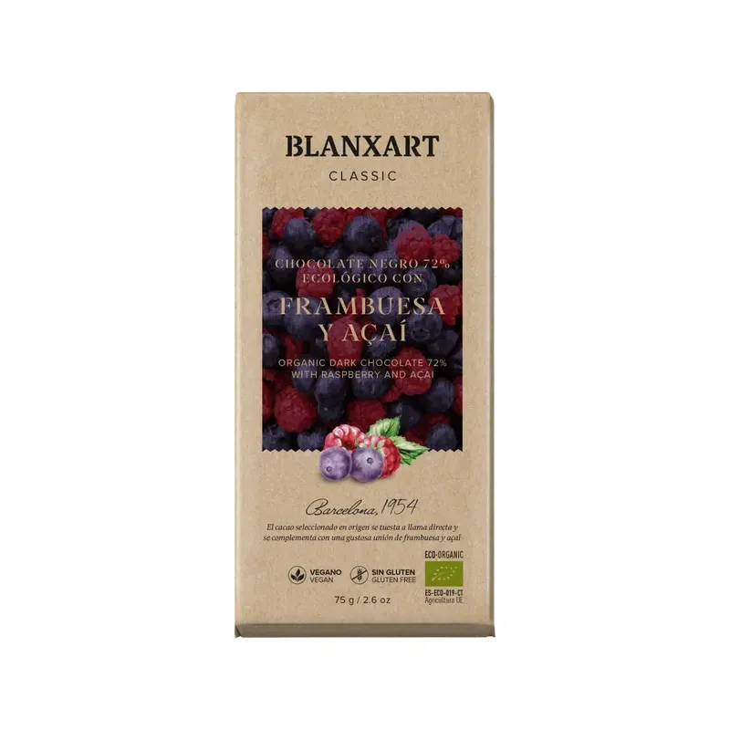 CHOCOLATE NEGRO 72% CACAO CON FRAMBUESA Y AÇAI 75G