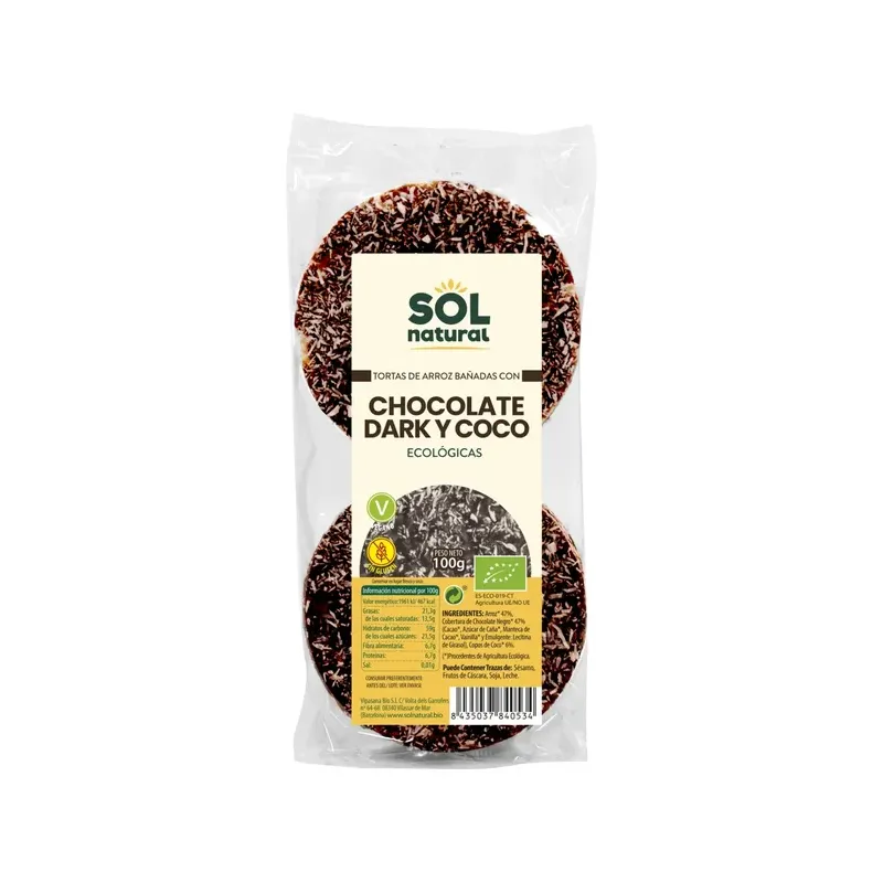 TORTAS DE ARROZ CON CHOCOLATE DARK Y COCO BIO 100 g OFERTA LOTE CADUCIDAD 15/12/26