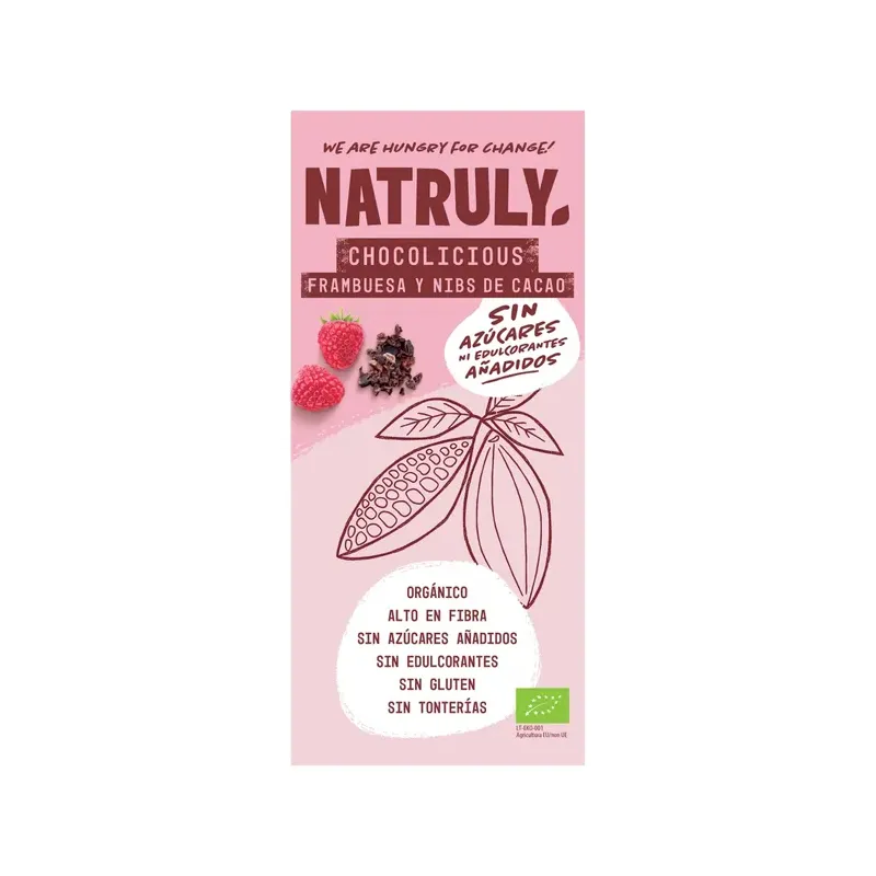 TABLETA DE CHOCOLATE CON FRAMBUESA frambuesa y nibs de cacao 64% BIO 85g
