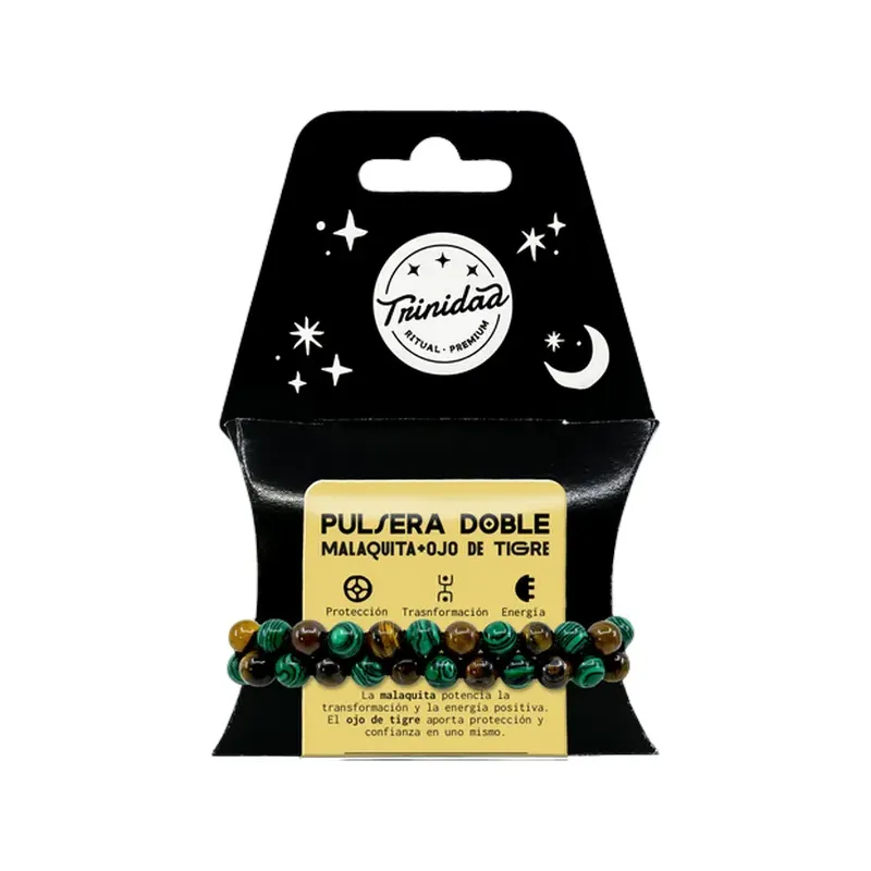 PULSERA DOBLE MALAQUITA OJO TIGRE BOLA 8 MM.