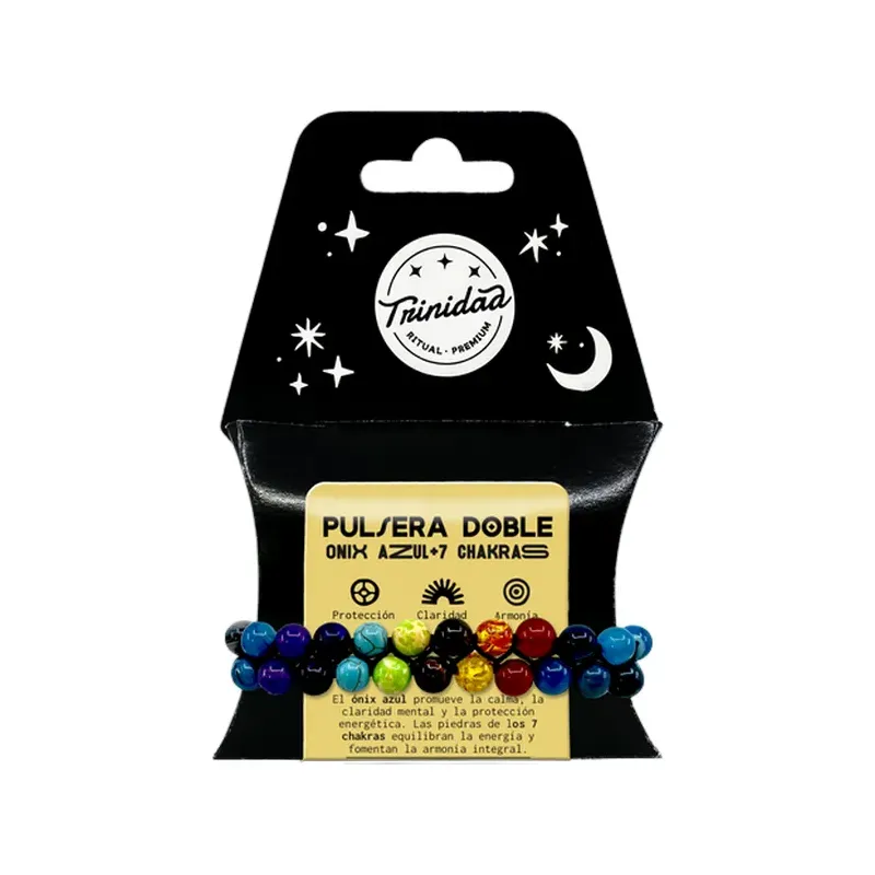 PULSERA DOBLE ONIX AZUL CHAKRAS BOLA 8 MM.