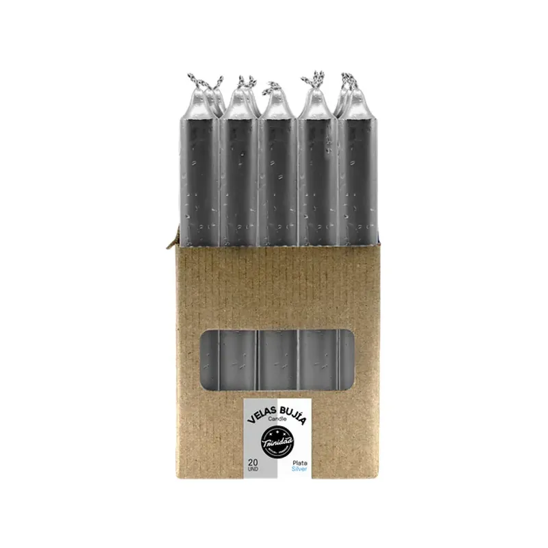VELAS BUJIA PLATEADO 2 CM  X 19 CM Caja 12 unidades. SOLO SE VENDE POR CAJA