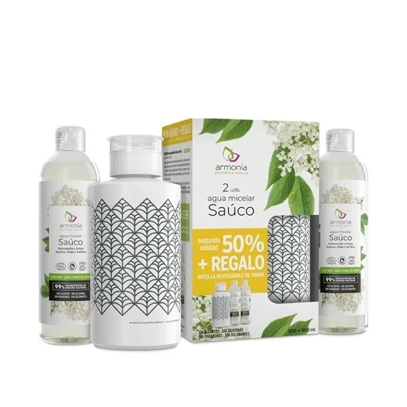 PACK 2 AGUA MICELAR SAUCO 300ML+ BOTELLA VIDREO