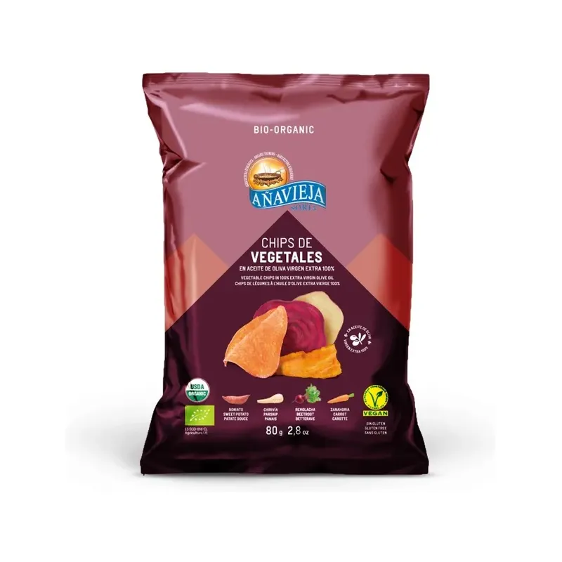 CHIPS VEGETALES CON ACEITE DE OLIVA CHIPS DE VEGETALES EN ACEITE DE OLIVA
VIRGEN EXTRA. Ecologico. Sin gluten