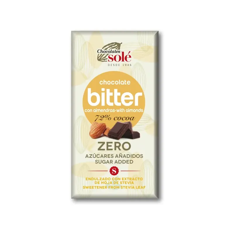 CHOCOLATE BITTER 72%STEVIA ALMENDRA 100g