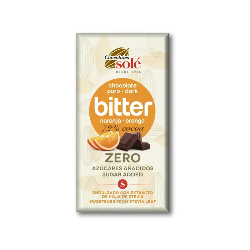 CHOCOLATE BITTER 72% STEVIA NARANJA 100g